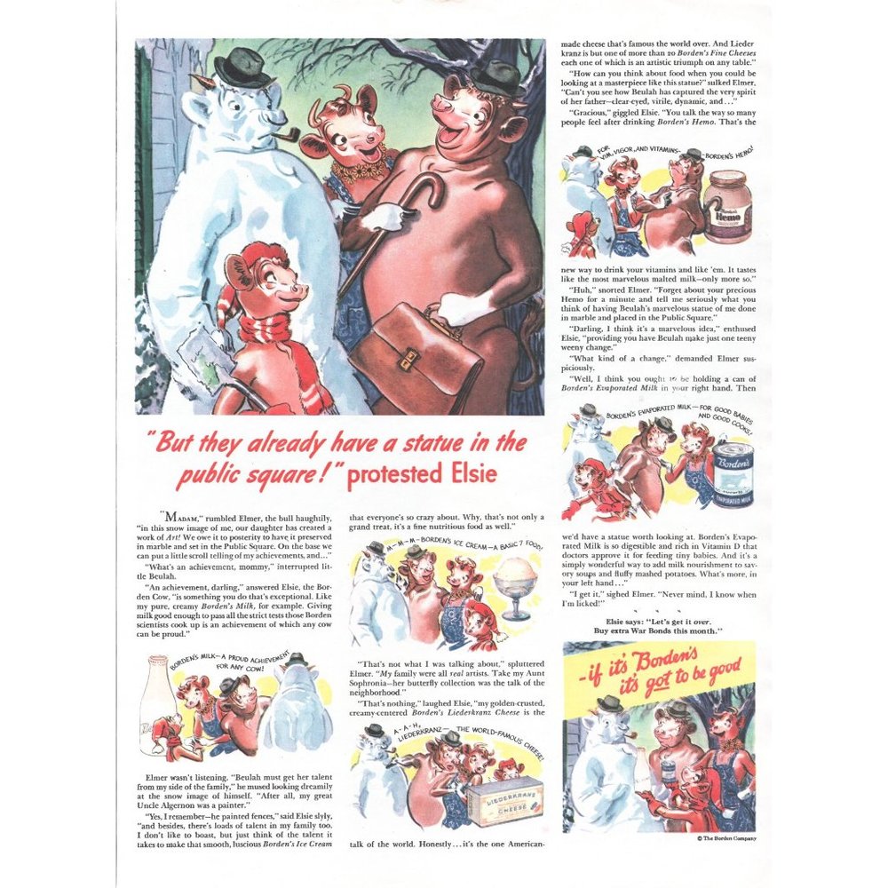 1944 Borden's Milk Dairy Products Vintage Print Ad Elsie Cow Cartoon Wall Art